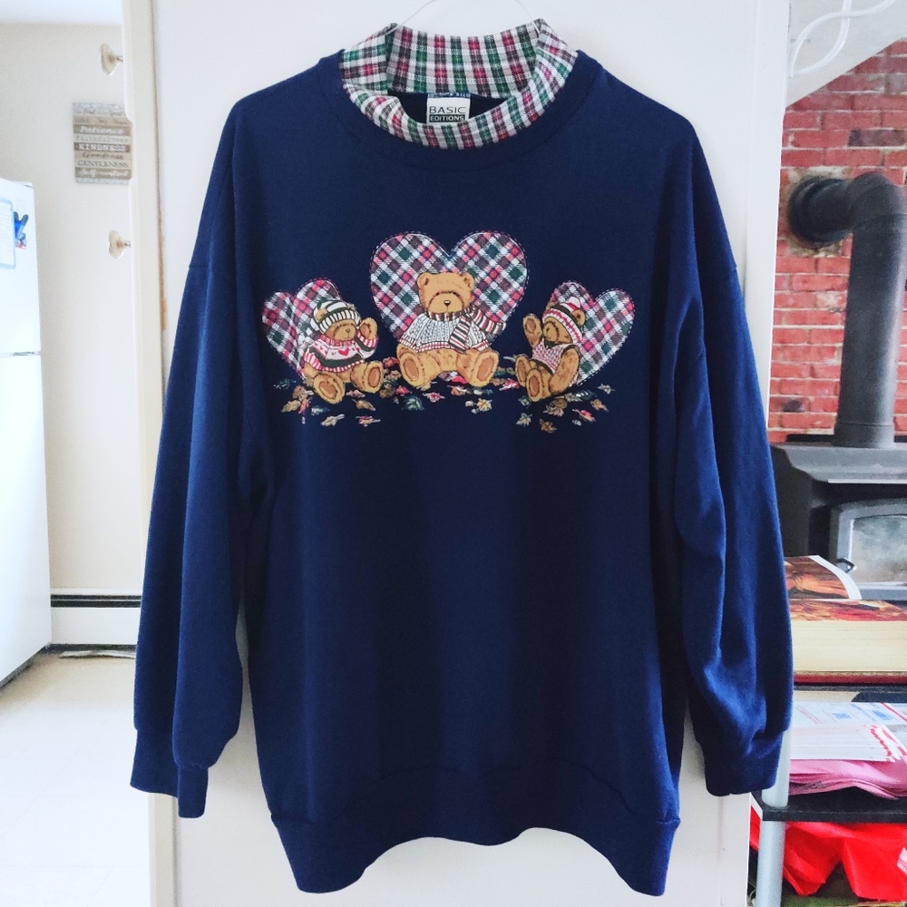 💙SOLD💙 VINTAGE 80s Teddy Bear Plaid Mock Neck Navy Crewneck Sweater XXL - Picture 4 of 9